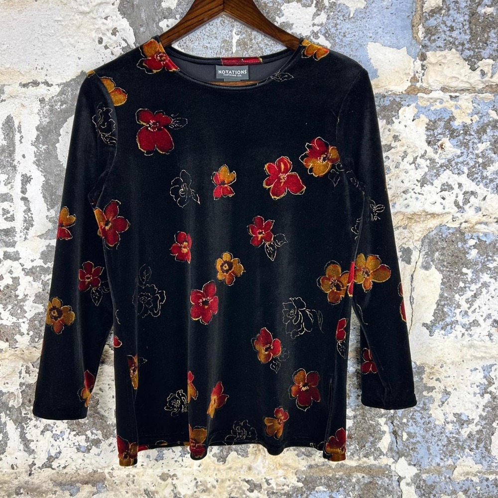 Vintage Y2K Notations Velvet Floral Top Black Red Stretch Long Sleeve Small